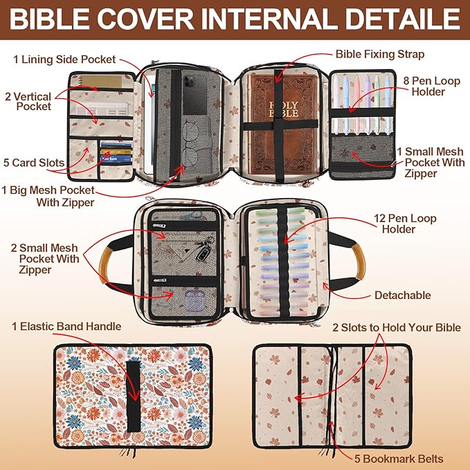 Bible Cover Case for Women,Bible Carrier,Floral Print Bible Bags for Women Organizer,Bible Holder Case with Shoulder Strap,Handle,Bible Study Supplies Kit with Highlighters,Tabs,Pens,Christian Gift