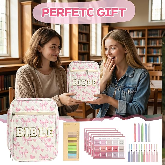 Bible Cover Case for Women Large Chenille Letter Bible Bag with Handle Quilted Bible Carrying Case for Girls Bible Study Supplies Accessories (Pink Bow)