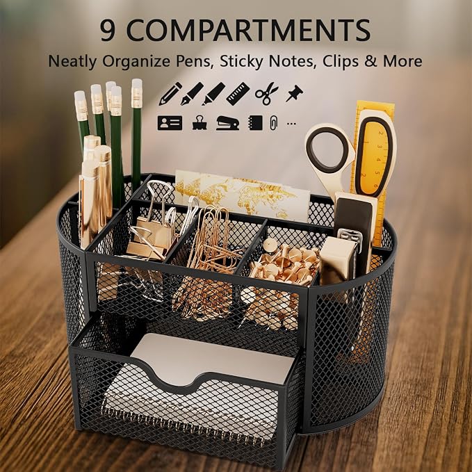 Mesh Pen Holder for Desk 9 Compartment Desk Organizer for Pens Pencils Sticky Notes Clips Office Accessories