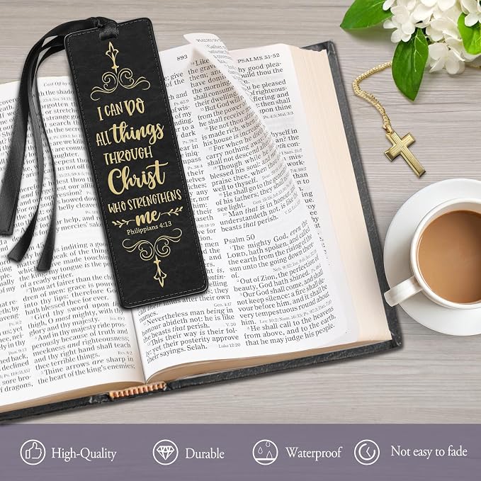 FINPAC Leather Bible Bookmarks, Vegan Religious Bookmarks, Bible Verse Book Markers Church Gifts for Women Men [Trust in The Lord with All Your Heart] - Gilded Black