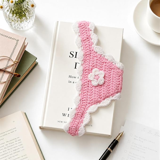 Crochet Bikini Bookmarks for Women, Underwear Shaped Bookmark | Handmade, Page Holder, Bookish Gift for Book Lovers, Soft Stretchy Acrylic Yarn, Light Pink