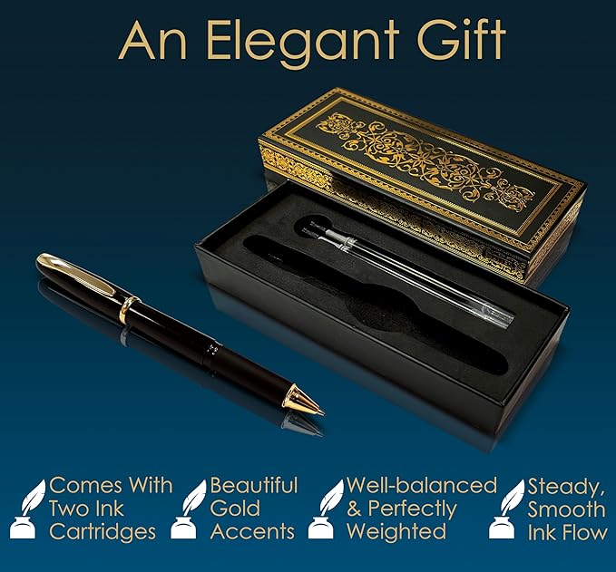 Better Office Products Executive Rollerball Gel Ink Pen Set in Gift Box, Black Gloss Classic Business Pen with Removable Cap, Gold Accents, Includes 2 Black 0.7mm Medium Point Cartridges