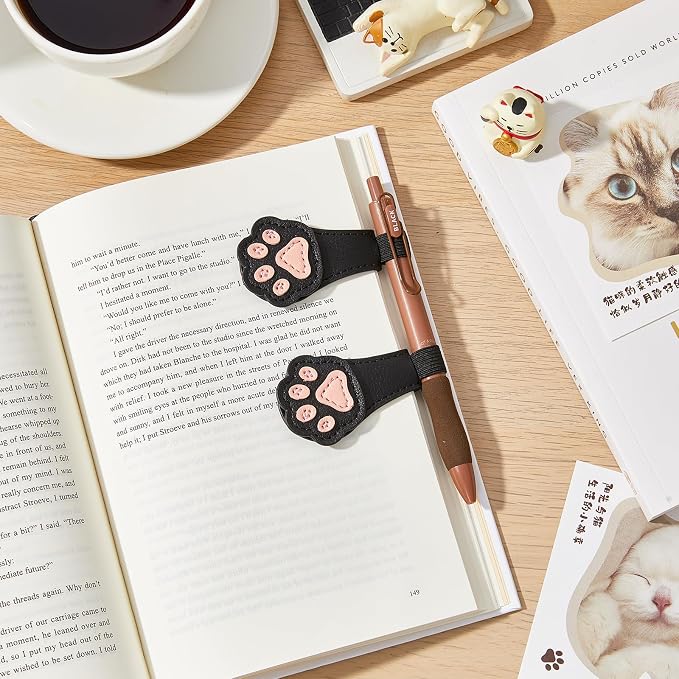 2Pcs Magnetic Bookmarks with Gift Box Magnetic Pen Holder for Notebook Cat Book Marks Clip Gift for Book Lover Readers Cute PU Leather Bookmark for Women, Paw (Black+Black)