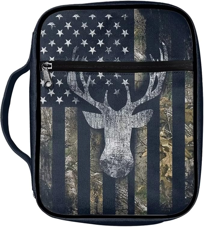 Suobstales Deer Bible Covers for Women Men Bible Case Camo American Flag Bible Bag Bible Accessories with Handle and Zippered Pocket Bible Tote Bag for Kids