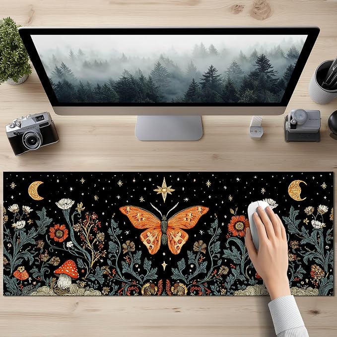 HOMETITUTE XL Mouse Pad 31.5 x 11.8 Inch Vintage Butterfly and Moon Design Large Desk Mat Extended Gaming Mousepad Non Slip Waterproof Desk Pad Keyboard Mat Computer Accessories for Office Home