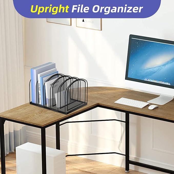 SUPEASY File Organizer for Desk, 5-Section Mesh Desk Organizer, Vertical File Holder Desktop Organizer File Sorter, File Folder Holder for Office Supplies, Black (Pack of 2)