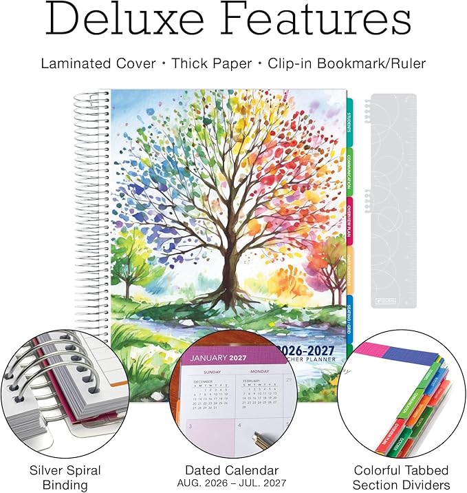 DELUXE TEACHER PLANNER Aug 2026-Jul 2027 8.5x11 Daily Weekly Monthly Organizers with 7 Periods, Pocket Folder, Dated Calendar, Page Tabs, Bookmark and Planning Stickers (Tree Seasons)