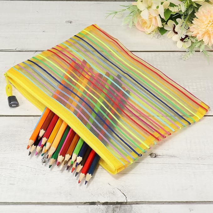 MECCANIXITY Mesh Zipper Pouches, A5 Colorful Pencil Case Document File Bags Storage Organizer for Office Supply Travel Accessory, Yellow Pack of 6