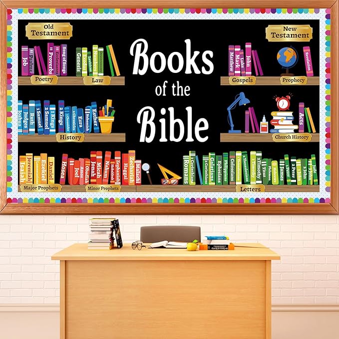 ojustbeok Books of the Bible Learning Bulletin Board Set Faith Religious Christian Back to School Classroom Bulletin Board Bible Learning Bookshelf Cutouts for Home Sunday School Wall Chalkboard Decor