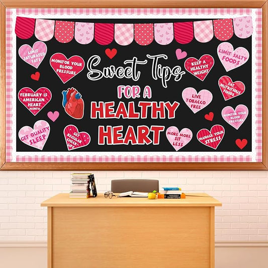 Valentine's Day Health Bulletin Board Set Pink Red Heart Paper Bulletin Board Valentines Classroom Sweet Tips for a Healthy Heart Cutouts for Valentines School Classroom Home Chalkboard Wall Decor