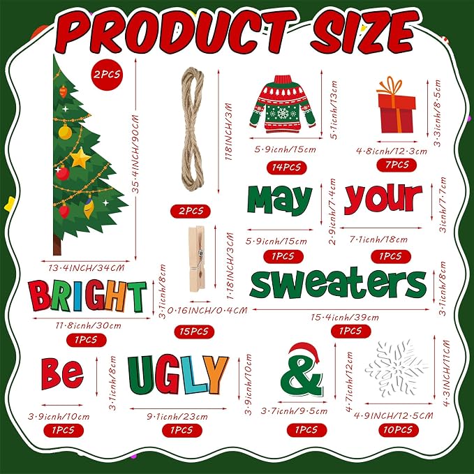Pasimy Christmas Bulletin Board Decorations Set Ugly Sweater Paper Cutouts Xmas Tree Snowflake DIY May Your Sweater Be Ugly and Bright Classroom Decor for School Chalkboard Home Winter Holiday Party