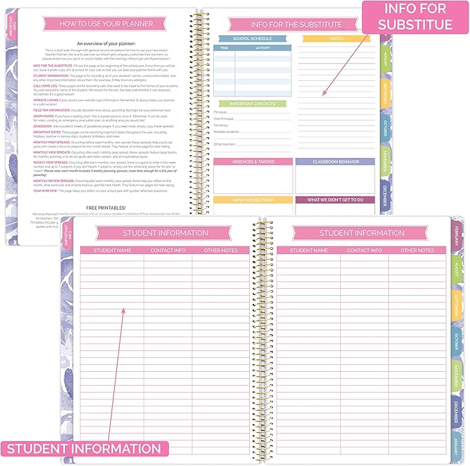 bloom daily planners Undated Academic Year Teacher Planner & Calendar - 7 Period Lesson Plan Organizer Book with Frosted Cover (9" x 11") (Watercolor Floral)