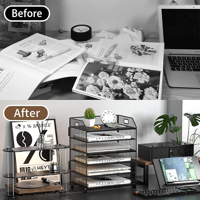 6 Trays Paper Organizer Letter Tray with Pull-Out Drawer, Assembled Mesh Desk File Holder, Metal Paper Sorter for Office Documents, Black