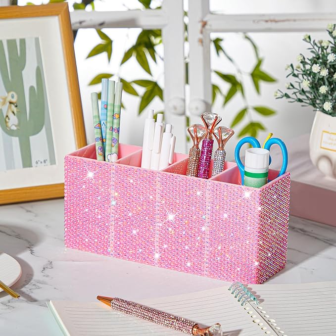 Bling Desk Organizer for Women, Rhinestone Pen Makeup Brush Holder, Girly Desk Accessories Organizer for Office Classroom Elevate Your Workspace with Serenity(Rhinestone,Pink)