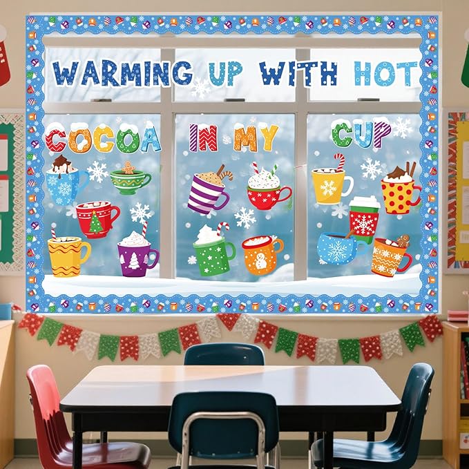 Funrous 52 Pcs Winter Bulletin Board Set Hot Cocoa Classroom Decor Winter Bulletin Boards Warming up with Hot Cocoa Latte Snowflake Cutouts for Christmas Holiday Party School Classroom Home Wall Decor