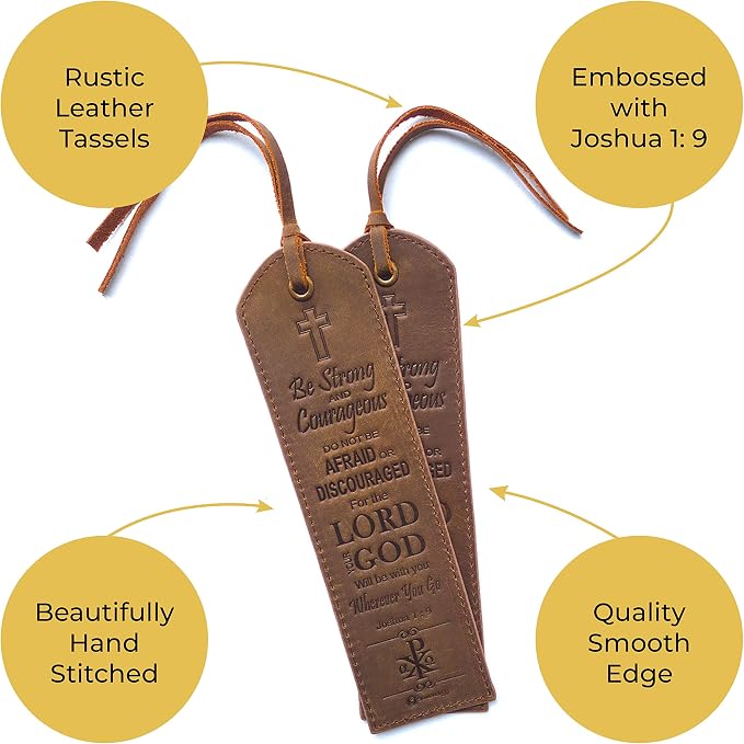 Leather Bible Bookmarks - 2 Leather Christian Bookmarks with Inspirational Bible Verse | Joshua 1: 9 Be Strong & Courageous | Perfect Religious Book Marker Gifts for Men, Women, Readers and Friends