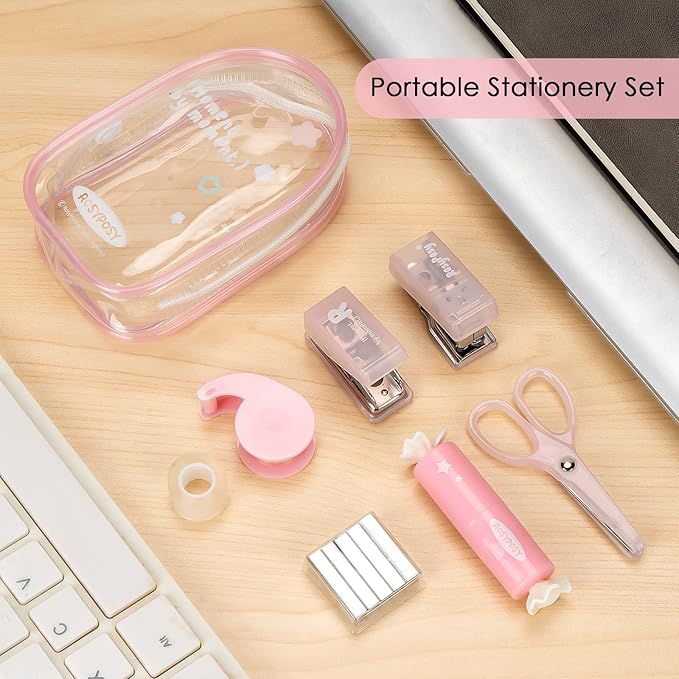 7-Piece Clear Desk Organizer Set - with Stapler, Hole Punch, Tape Dispenser, Scissors & Highlighters, Transparent Office Supplies Kit for Home Office, School & Workspace