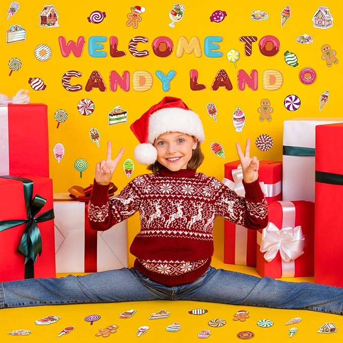 Marspark 68 Pcs Candy Land Decoration Christmas Bulletin Border Decoration Welcome to Candy Land Decor Donut Peppermint Round Gingerbread Man House Cutouts for Classroom Wall Decor
