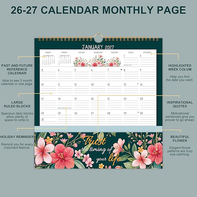 Wall Calendar 2026-2027 - Pocket Calendar, 11.2" x 11.2", 2026-2027 Calendar with Pockets, Jul. 2026 - Dec. 2027, Wall Calendar 18 Month with One Pockets, Calendars for Office School Home, Golden Twin Wire Binding, Premium Paper - 12 Different Floral