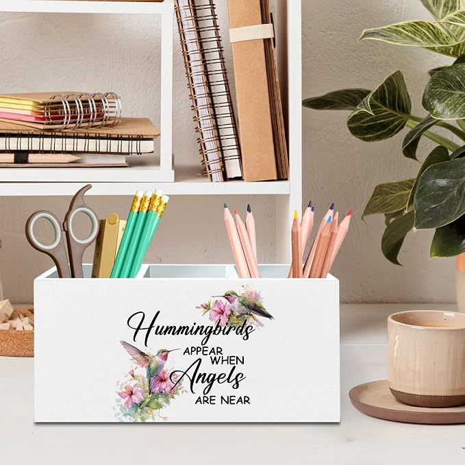 DILSJ Memorial Gifts Pen Pencil Holder Organizer for Desk, Sympathy Bereavement Gifts for Women, Hummingbird Floral Wooden Box Signs for Home Bedroom Office Desk Tabletop Decoration Supplies