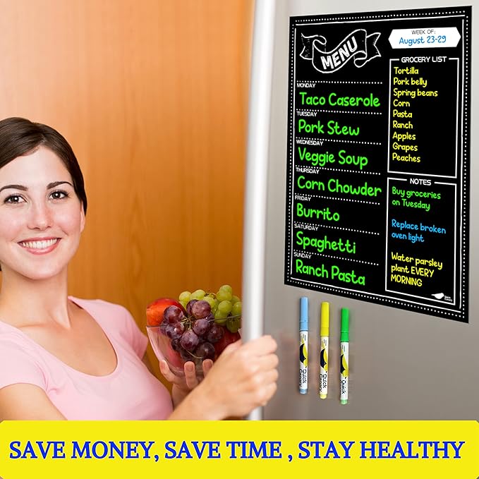 Magnetic Menu Board for Kitchen - 16x12” Black Chalkboard Calendar - Dry Erase Weekly Meal Planner for Fridge & Grocery List - With Vibrant Neon Chalk Markers - Easy to Use and Wipe Clean Magnet Board