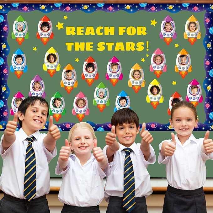 160Pcs Rocket Cutouts Back to School Decorations Bulletin Board Outer Space Paper Cut-Outs Galaxy Classroom Decor for Boy Girl DIY Craft Photo Wall Door VBS Kindergarten Preschool Party Favor Supply