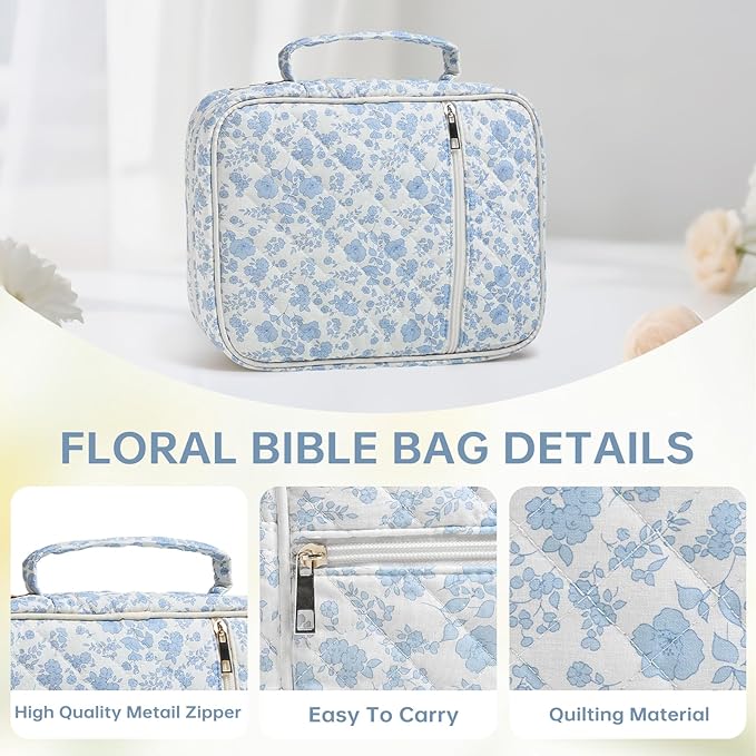 Bible Cover Case for Women Large Bible Cover with Durable Handle Quilted Bible Carrying Case for Girls Bible Study Supplies Accessories (Blue Flower, Blue Flower)