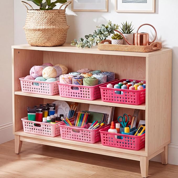 Pink 6 Pack Plastic Classroom Paper Baskets, Turn in Trays, Organizing Desk Tray for A4 Papers, Classroom Storage Turn in Bins, for Teachers and Students, Office Desk Room Trays