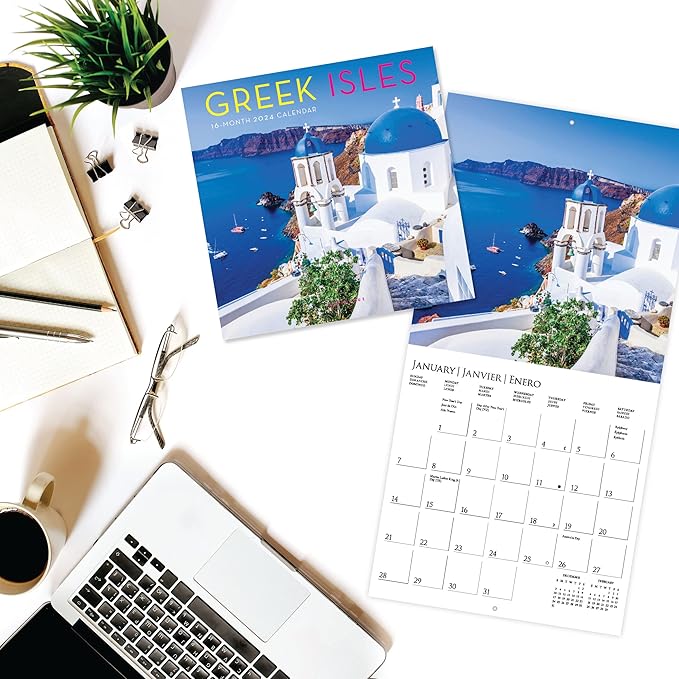Graphique 2024 Greek Isles Mini Wall Calendar | 7” x 7” | Thick Paper | Home & Office Organizer | Large Monthly Grid | 3 Languages & Marked Holidays | 4 Month Preview Page for 2025