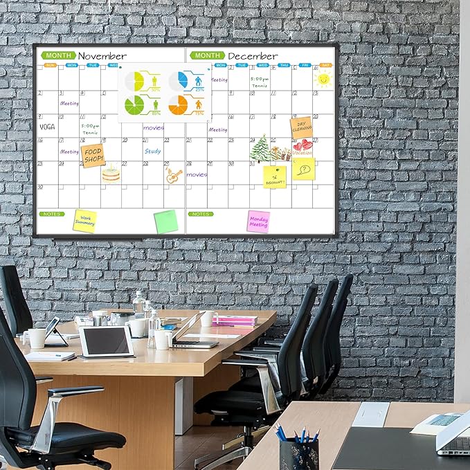 JILoffice Magnetic Dry Erase Calendar Whiteboard, 2 Month White Board Planner 48 X 31 Inch, Black Aluminum Frame Wall Mounted Board for Office Home and School