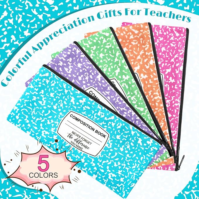 Epakh 5 Pcs Teacher Pencil Case Pouch 8.7 x 3.9 Inches Composition Teacher Appreciation Gifts Portable Pencil Bag with Zipper Multipurpose Cute Pen Pouch for Teachers Stationery Organizer (Classic)