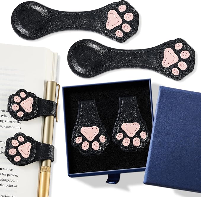 2Pcs Magnetic Leather Bookmarks with Gift Box Magnetic Pen Holder Book Marks Clip Gift for Book Lover Readers Men Women Teachers Students, Paw (Black+Black)