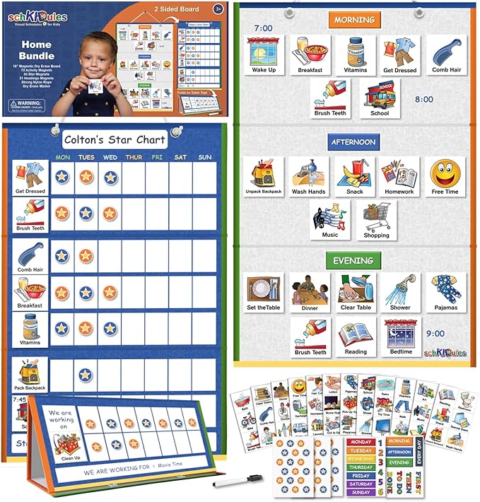 SchKIDules REDESIGNED Magnetic Visual Schedule Home Bundle Kit for Daily Routines, Chores, Behavioral Supports, Kids Calendar, and ADHD Help includes 129 Magnets, 18" Folding Reversable Board and more