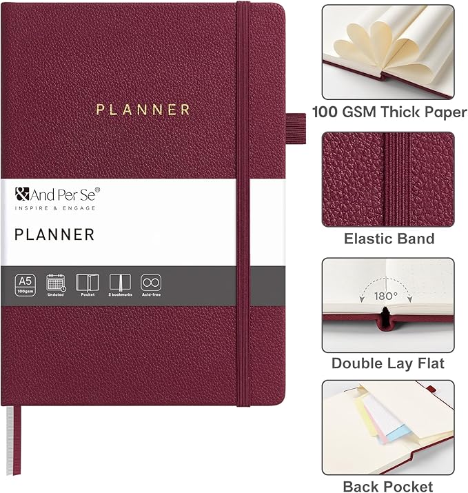 And Per Se Undated Weekly Planner 2026, A5 size Leather Hardcover Planner with Goals & Habit Tracker – ADHD Planner & Productivity Journal (Dark Red)