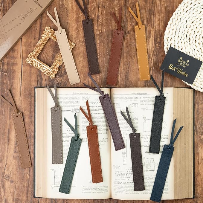 MIXVOVA 12 Pcs Leather Bookmark with Tassel, Classic Style Bookmark, 0.05 Inches Thin Handmade Stitched Bookmarks for Men, Book Marks for Reading, Gifts for Book Lovers, Readers