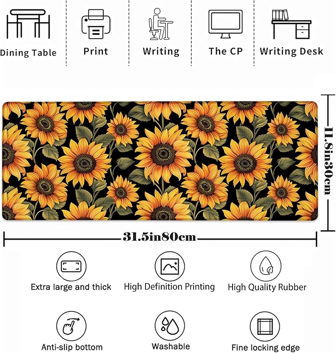 Sunflower Mouse Pad， Gaming Keyboard Mat，Laptop Computer Protector with Non-Slip Rubber Base，Large Extended MousePads Gifts for Desk Office Home，Deskmat Decor 31.5" x 11.8"