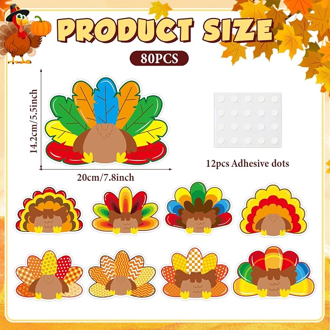 gisgfim 80Pcs Fall Decorations Bulletin Board Thanksgiving Turkey Paper Cut-Outs Classroom Decor for Boy Girl DIY Craft Photo Wall Autumn Turkey Kindergarten Preschool Party Favor Supply