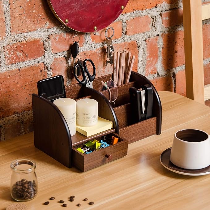 Liry Products Cherry Brown Wooden Desktop Organizer Drawer Multiple Compartments Stepped Shelf Racks 5 Slots Tabletop Storage Cabinet Office Supplies Caddy Stationery Holder Accessory Sorter Home