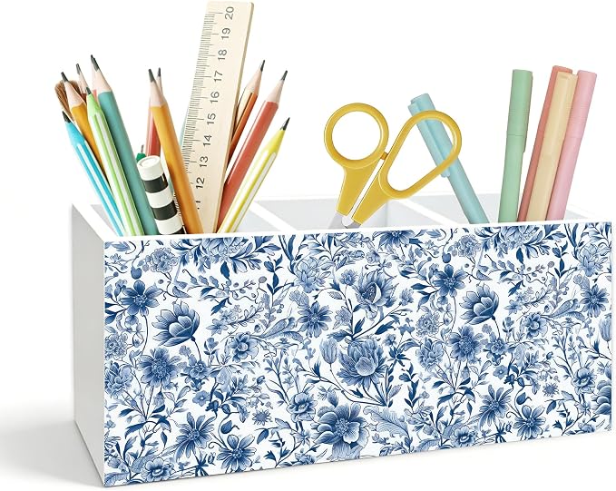 Chinoiserie Floral Pen Holder for Desk, Vintage Blue and White Chinoiserie Flower Wooden Box Pencil Pen Holder Organizer for Home Office Desk Accessories