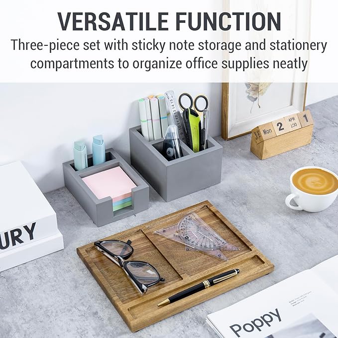 MyGift Desk Tray Concrete Desk Organizer Office Desktop Pen Holder Sticky Note Storage & Acacia Wood Tray – 3-Piece