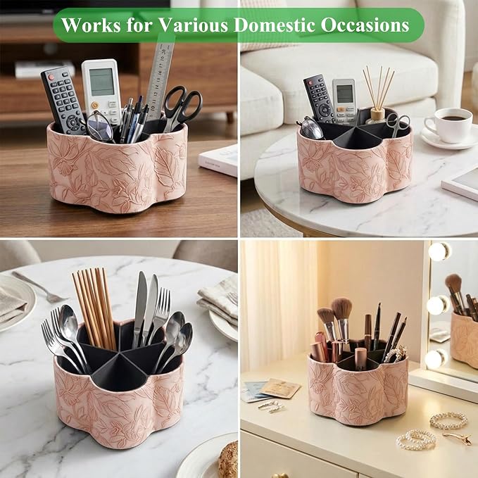 Flower Shaped Leather Art Supply Organizer,Remote Control Holder,360 Degree Spinning,Multi-Functional Pencil Holder,5 Compartments Desktop Stationary Organizer(1-Flower Pink)