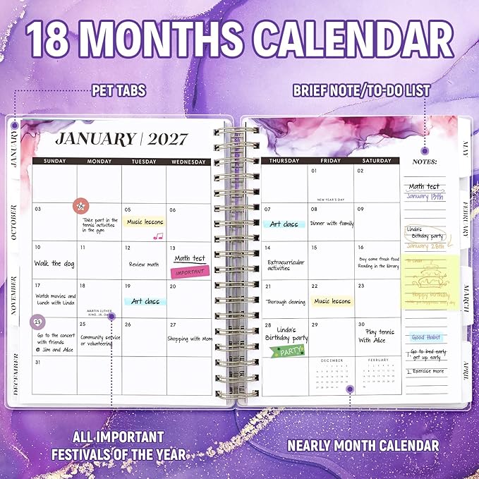 Planner 2026-2027, Large 18 Months Academic Daily Weekly Monthly Planner Yearly Agenda Jan. 2026–June. 2027, 7.9" x 9.8", Page Tabs, Separator Page, Pocket Folder, Bookmark, Stickers, Sticky Note Set