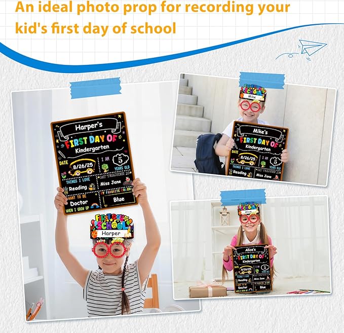 D4DREAM First Day of School Chalkboard Sign - 13.5''x10.5'' Double-Sided 1st First and Last Day of School Board with Paper Crown & Glasses Back to Schools Supplies for Kids Kindergarten