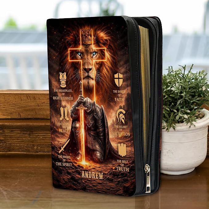 Personalized Man of God Bible Cover for Men, Christian PU Leather Bible Case with Handle Zipper, God Says I Am Warrior Scripture Bible Holder, Religious Gift for Men (Warrior Lion)