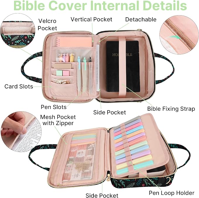 PUGPIU Bible Cover Case for Women, Large Quilted Bible Bag with Shoulder Strap and Handle, Bible Study Supplies Journaling Kit with Highlighters Pens No Bleed Tabs Notebook Cross Clips (Leaf)