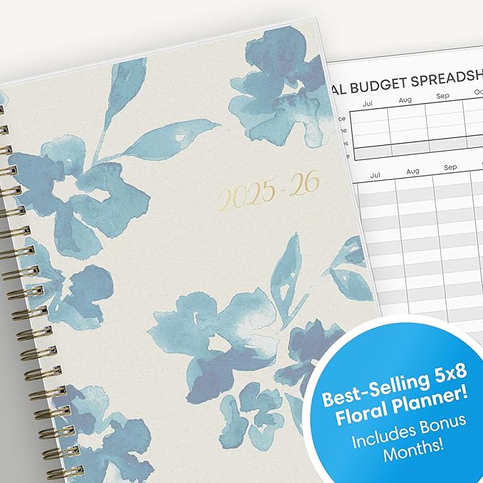 Blue Sky 2025-2026 Weekly and Monthly Academic Year Planner Calendar, July 2025 - June 2026, 5" x 8", Flexible Cover, Wirebound, Laminated Tabs, Bakah Blue