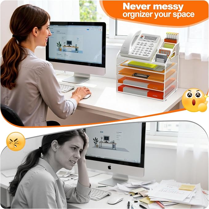 DocNest 5 Tier Metal Mesh Letter Tray - Space Saving Desk File Organizer with Handle, Pen Holder & Folder Holder - Desktop Document Sorter for Office, Home, School, Classroom - White