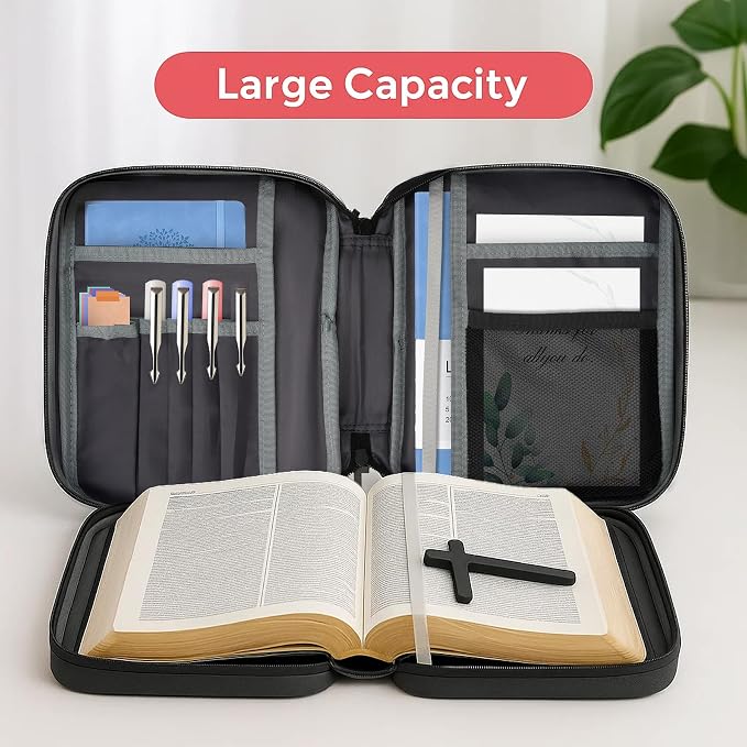 Bible Cover Case,Leather Carrying Book Case with Handle&Zippered Pocket for Standard Size Bible Christian Study Bible Book Gifts(PU Black White)