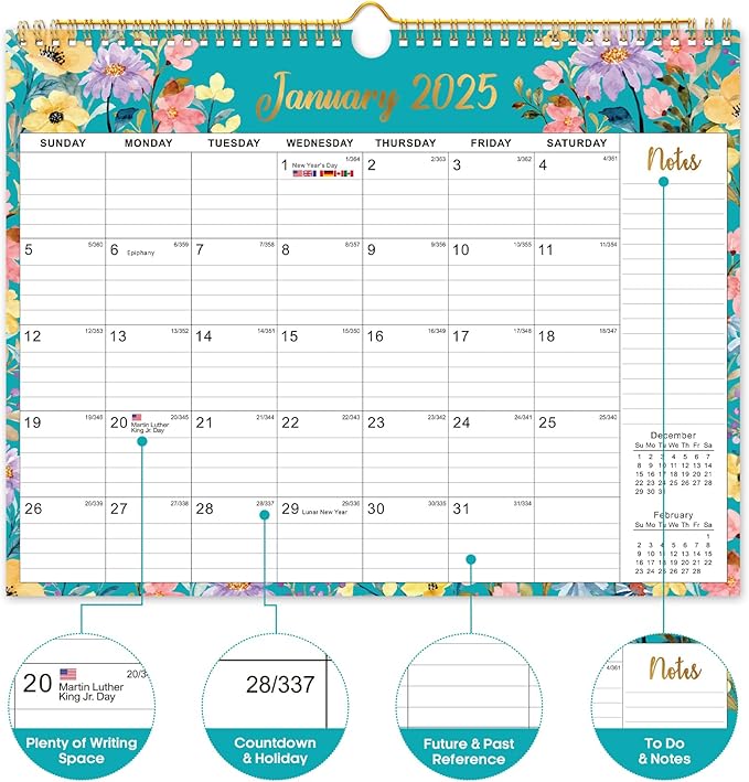 Calendar 2025-2026, Monthly Wall Calendar from January 2025 to June 2026, 11.5" x 14.7", Spiral Binding Hanging Wall Calendar, Perfect for Home or Office, Floral