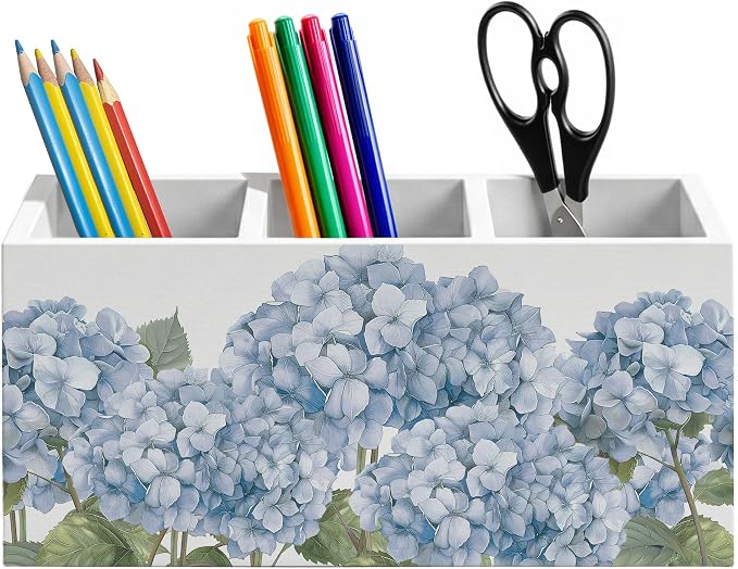 Vintage Blue Hydrangea Pen Holder for Home Office Desk, Hydrangea Decor, Rustic Cottagecore Blue Flower Botanical Wooden Box Sign Pencil Holder for Desk Shelf Organizer